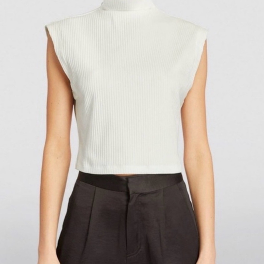 Maje Cream Ribbed Sleeveless Mock Neck Tank